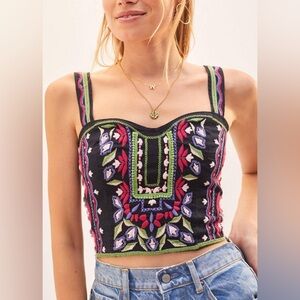 Anthropologie Embroidered Crop Corset Style Top Zip Back Size 12/Medium